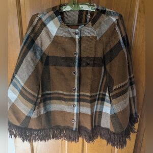 Plaid Brown Cape Coat with Fringe